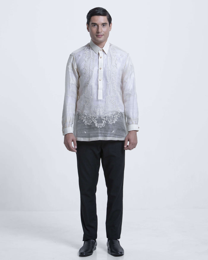 Men’s Formal Barong Tagalog, Textured Pure Natural Silk, Embroidered