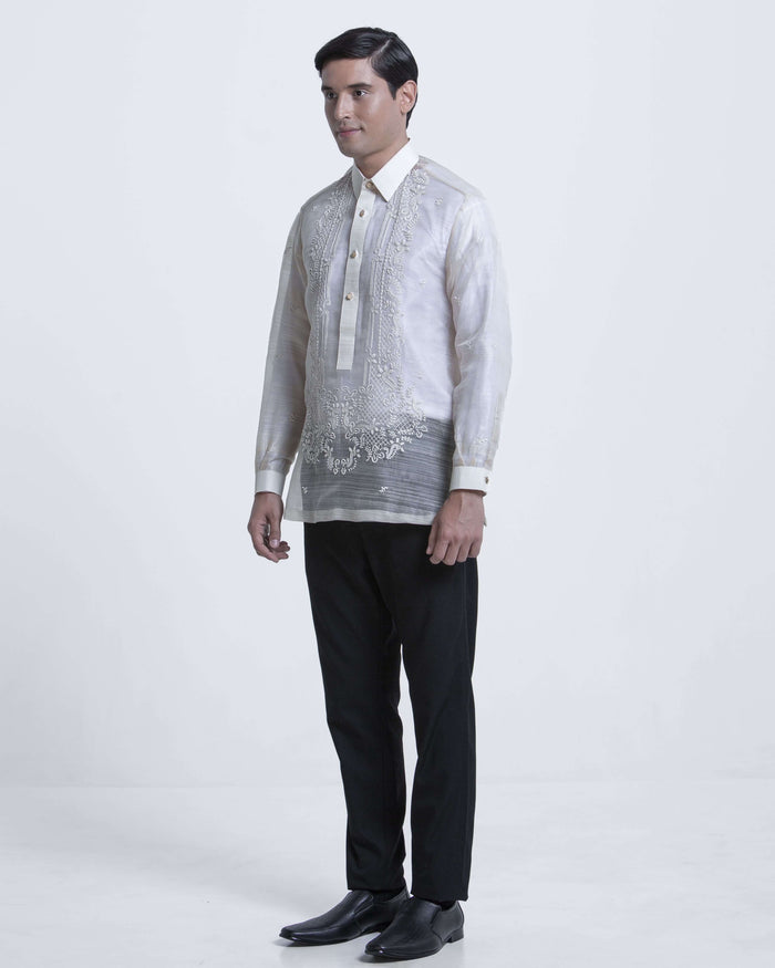 Men’s Formal Barong Tagalog, Textured Pure Natural Silk, Embroidered