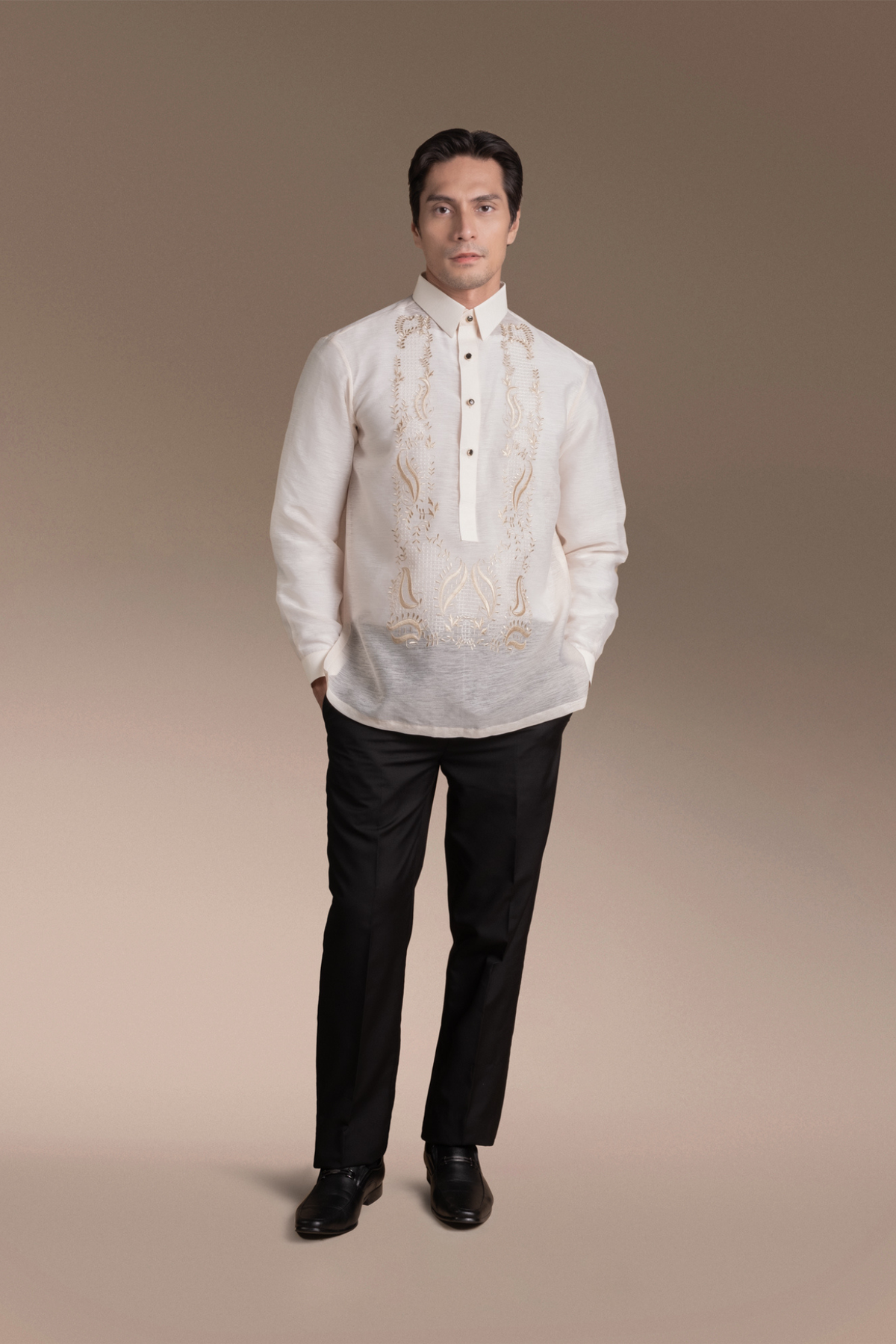 Onesimus Mens Formal Barong Tagalog, Frosted Faux silk, Embroidered.