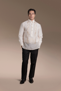 Onesimus Mens Formal Barong Tagalog, Frosted Faux silk, Embroidered.