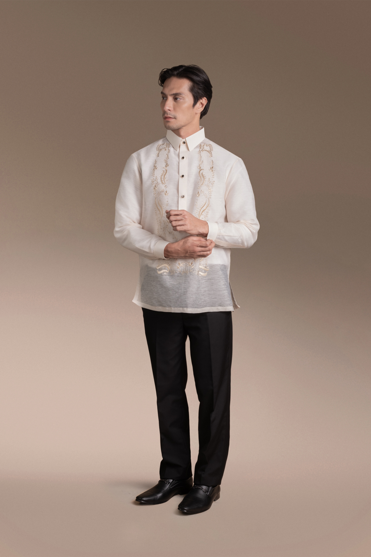 Onesimus Mens Formal Barong Tagalog, Frosted Faux silk, Embroidered.