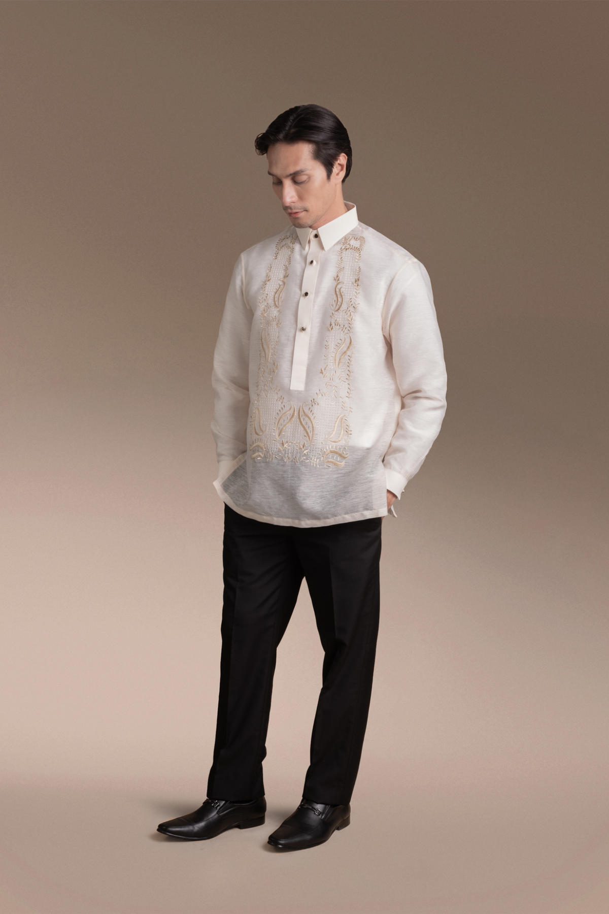 Onesimus Mens Formal Barong Tagalog, Frosted Faux silk, Embroidered.