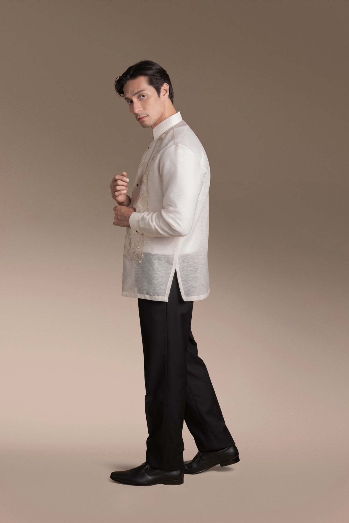 Onesimus Mens Formal Barong Tagalog, Frosted Faux silk, Embroidered.