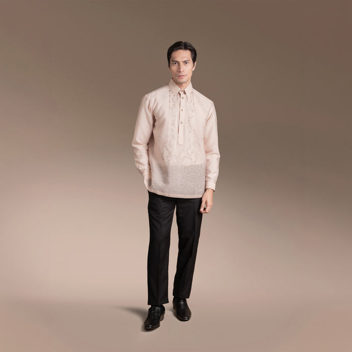 Onesimus Mens Formal Barong Tagalog, Frosted Faux silk, Embroidered.