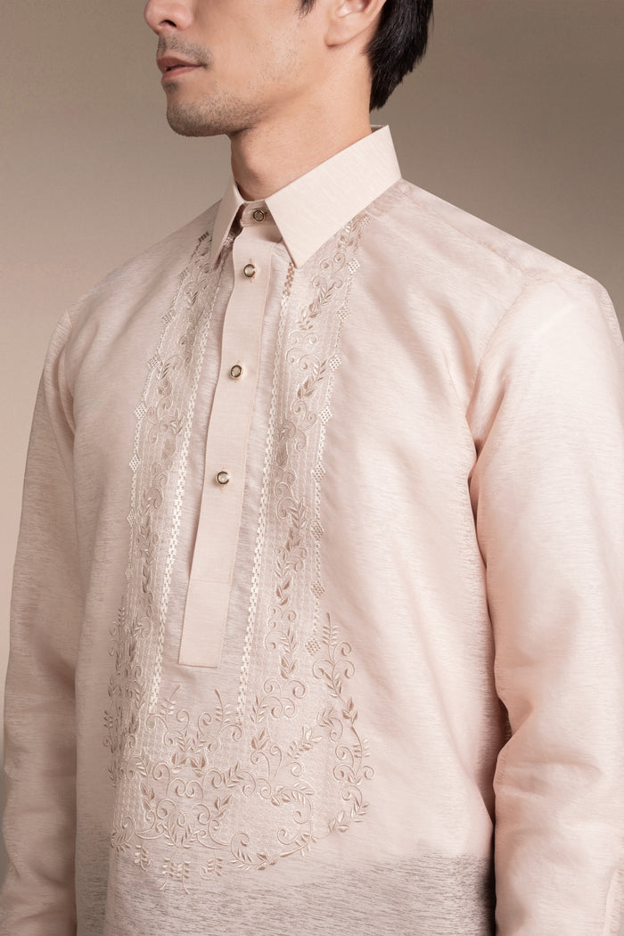 Onesimus Mens Formal Barong Tagalog, Frosted Faux silk, Embroidered.