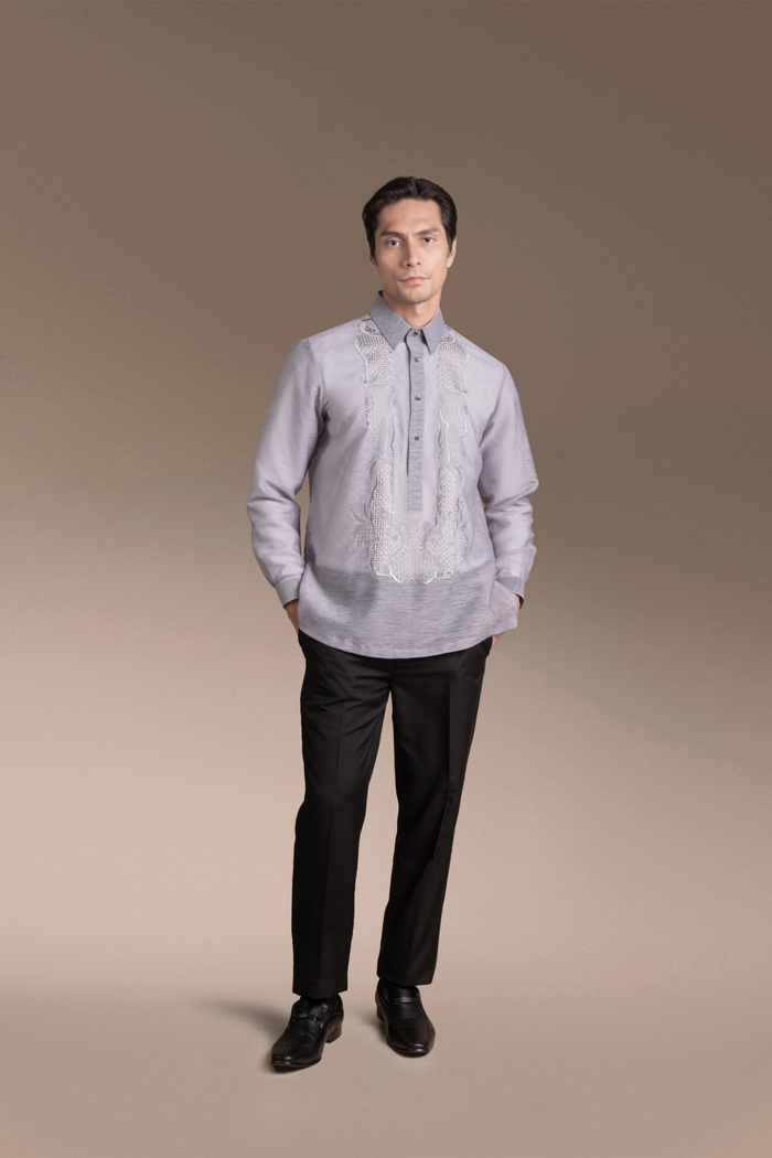 Onesimus Mens Formal Barong Tagalog, Frosted Faux silk, Embroidered.