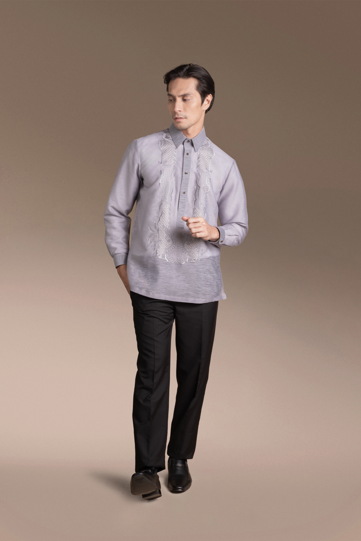 Onesimus Mens Formal Barong Tagalog, Frosted Faux silk, Embroidered.