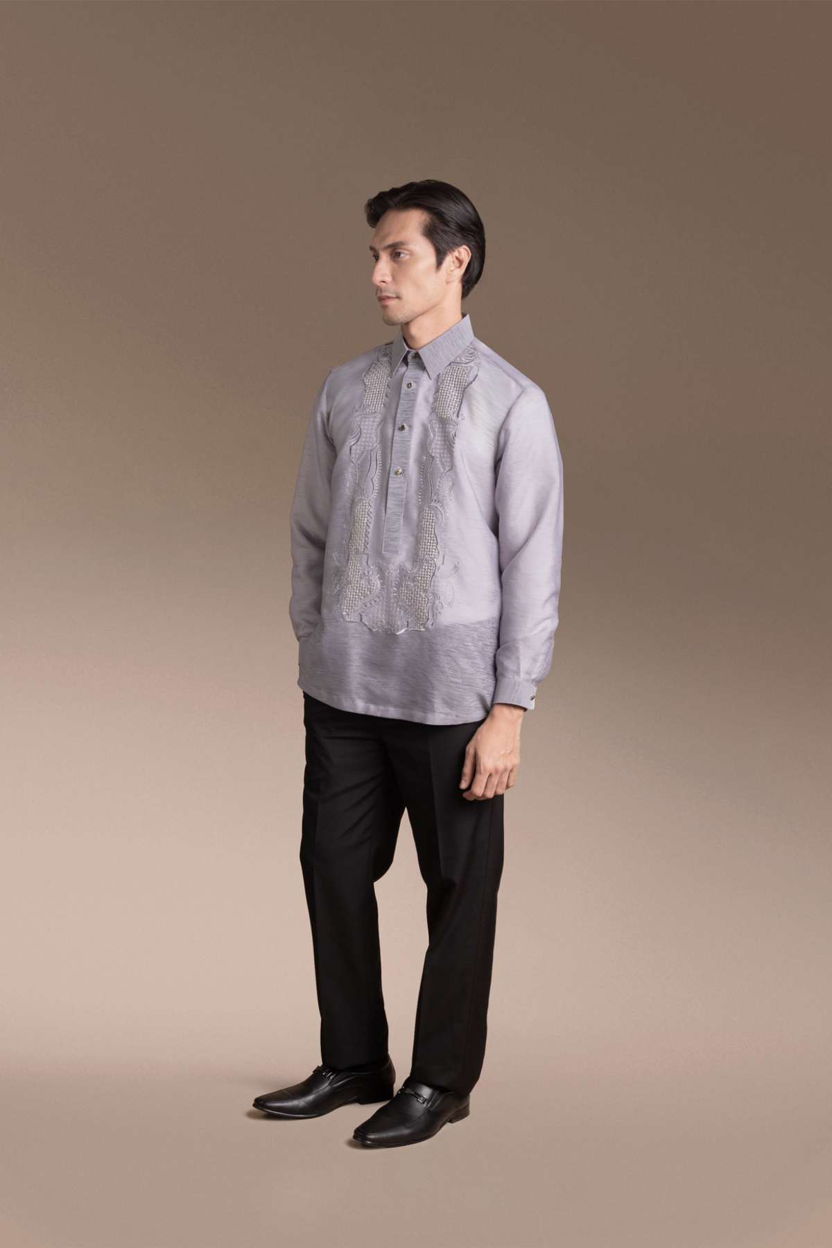 Onesimus Mens Formal Barong Tagalog, Frosted Faux silk, Embroidered.