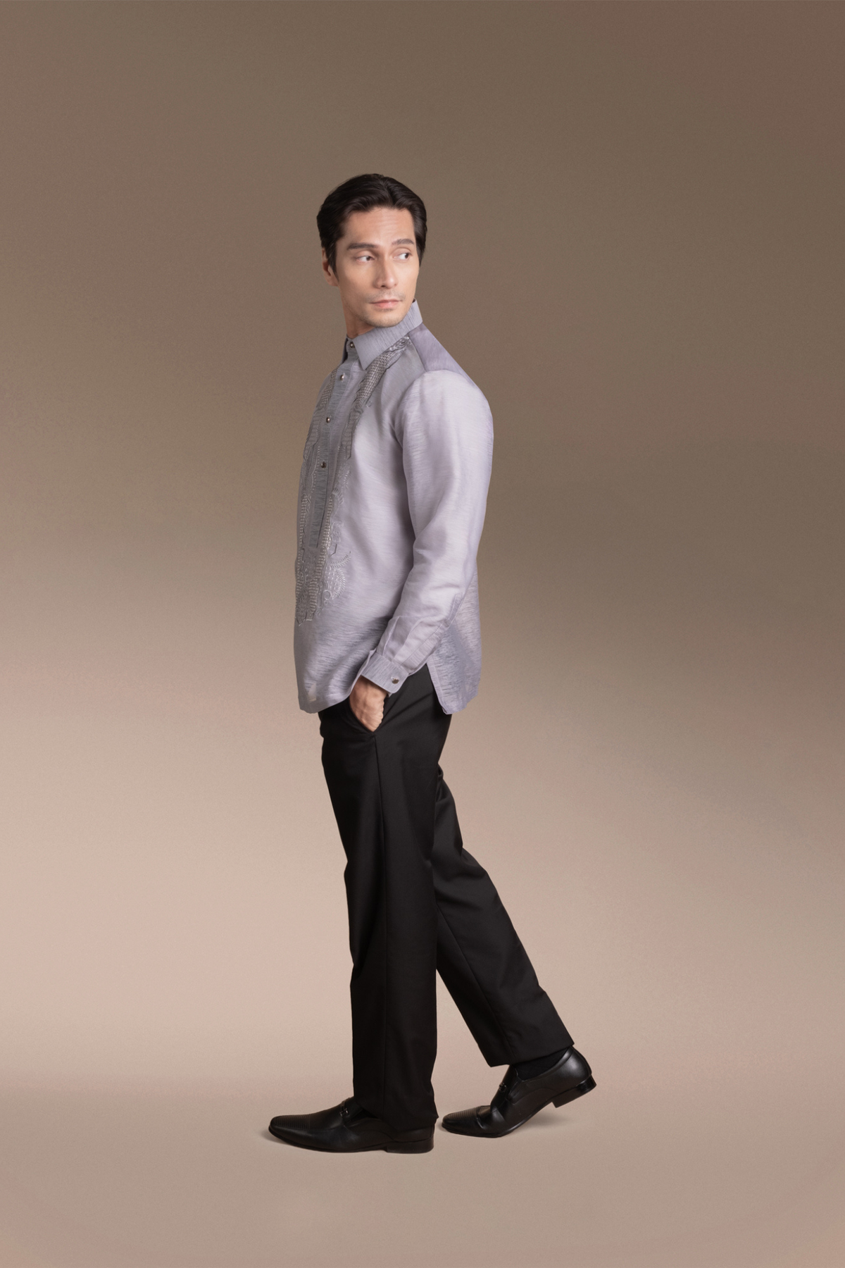 Onesimus Mens Formal Barong Tagalog, Frosted Faux silk, Embroidered.