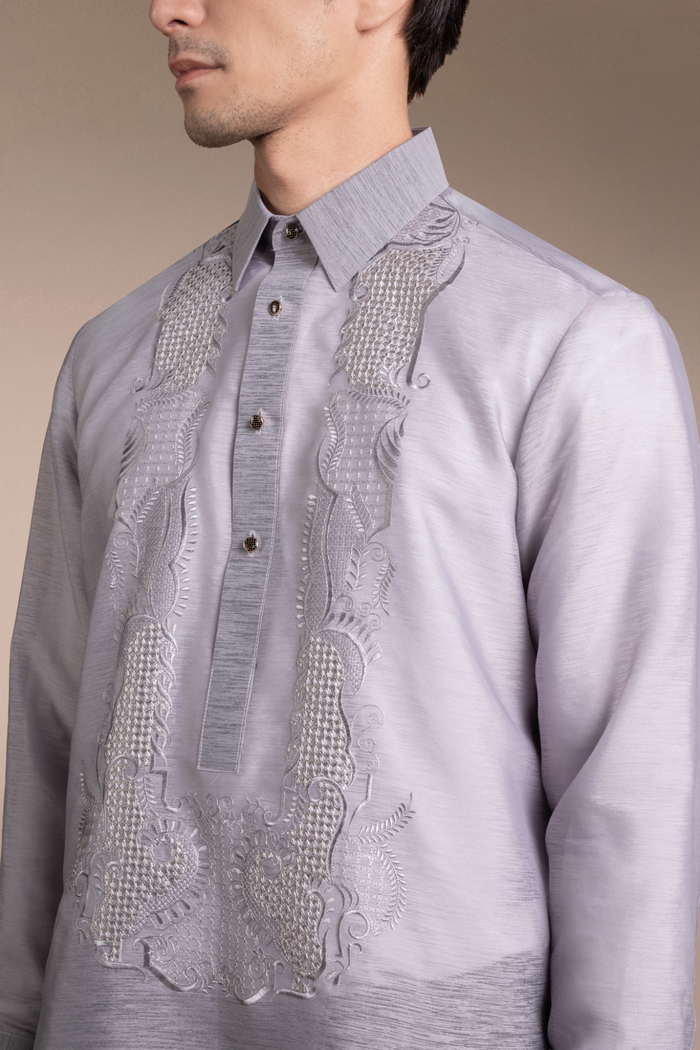 Onesimus Mens Formal Barong Tagalog, Frosted Faux silk, Embroidered.