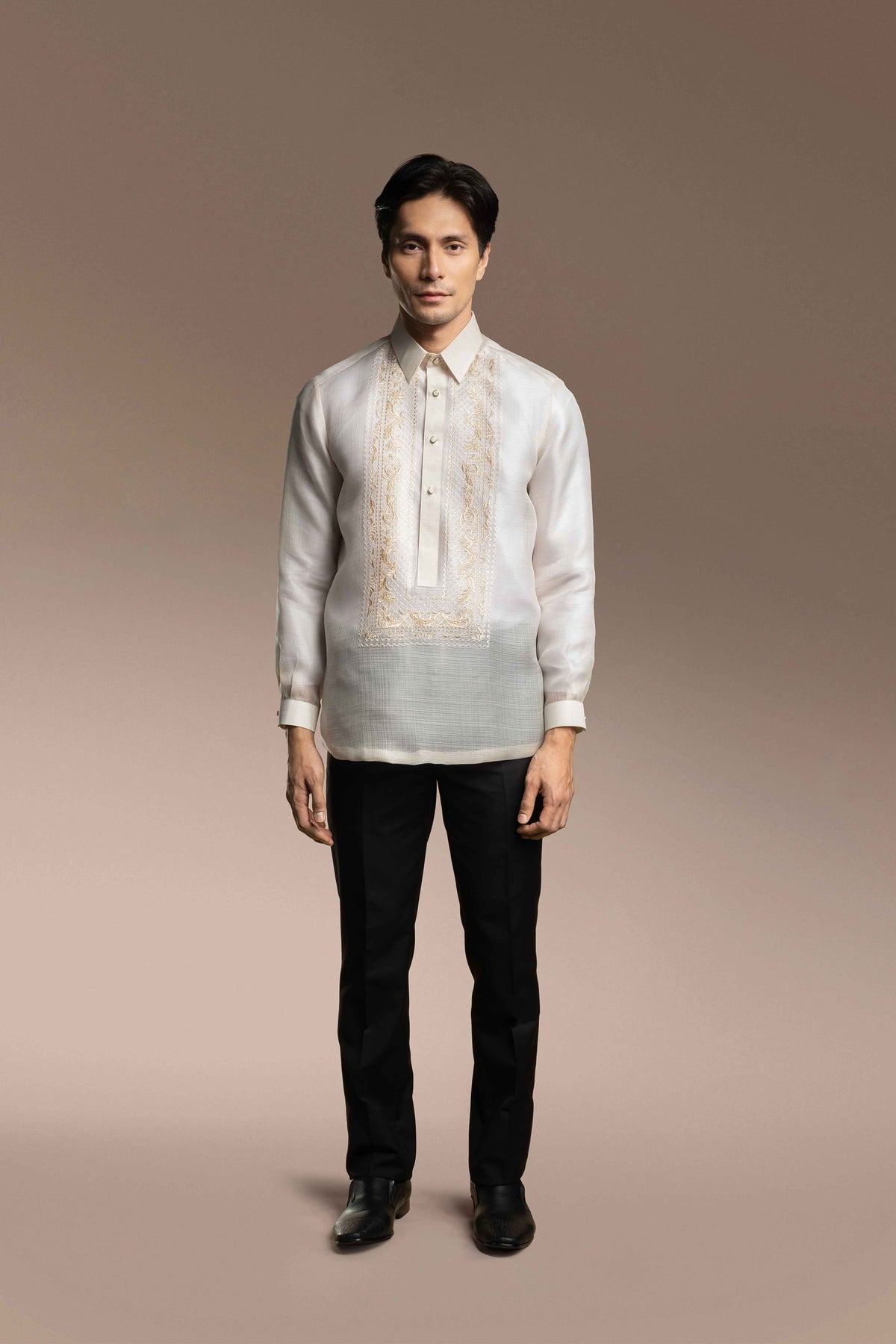 Onesimus Mens Formal Barong Tagalog, Frosted Faux Silk, Embroidered